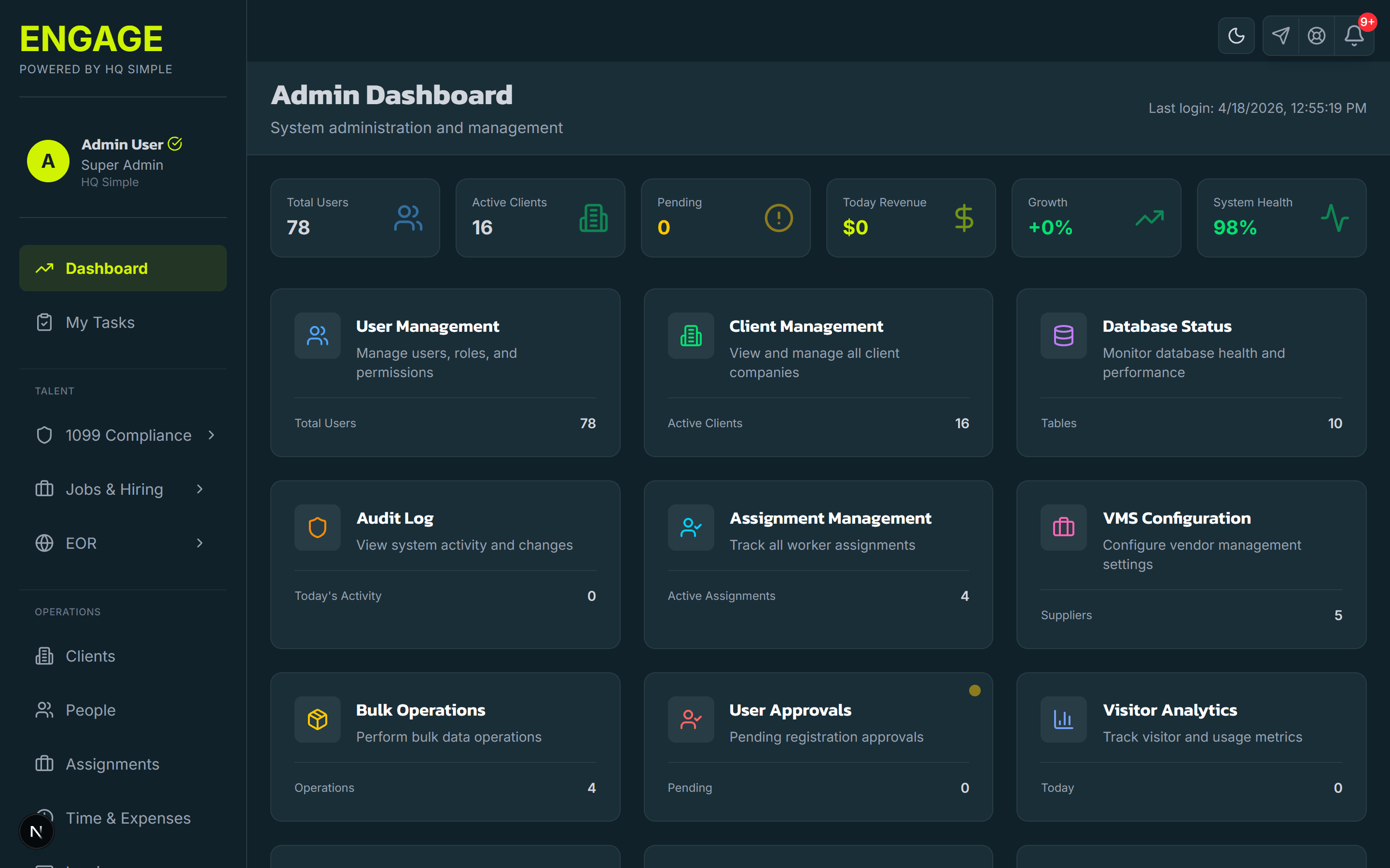 Engage admin dashboard showing active clients, users, and system health